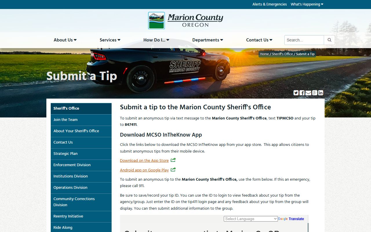 Marion County MCSO InTheKnow app tip page, not jail roster search