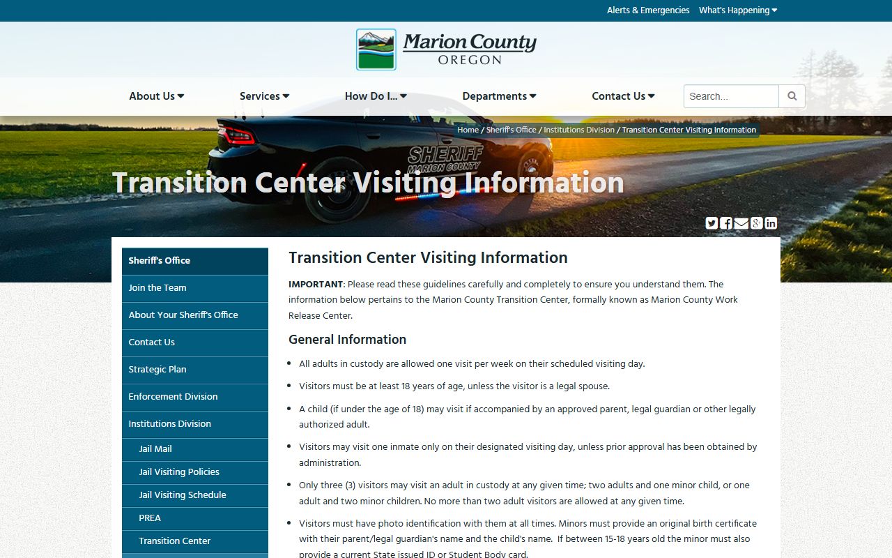 Marion County Transition Center inmate visiting schedule by dorm