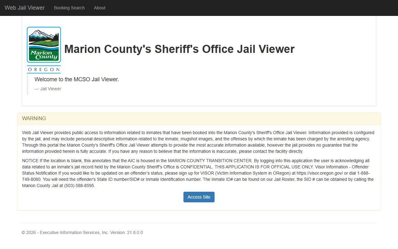Marion County Web Jail Viewer for inmate population search