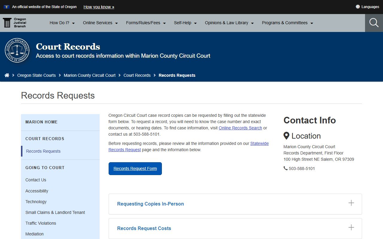 Marion County Circuit Court records request page for court records after arrest