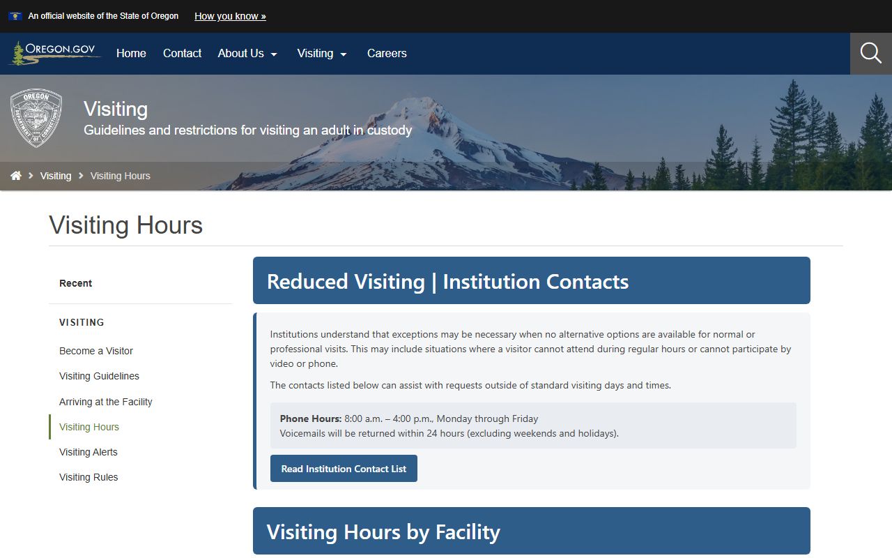 Oregon State Correctional Institution inmate visiting hours on ODOC schedule